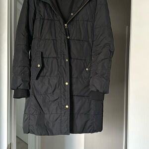 J Crew Wintress Puffer Coat NO BELT Down Black Hooded Zip Snap B5123 used